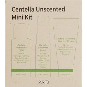 Відновлювальний мінінабір на основі центелли для чутливої шкіри обличчя: тонер, сироватка та крем Purito Centella Unscented Mini Kit