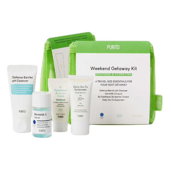 Зволожувальний мінінабір для шкіри обличчя: гель для делікатного очищення, тонер, крем з пантенолом та сонцезахисний крем Purito Weekend Getaway Kit